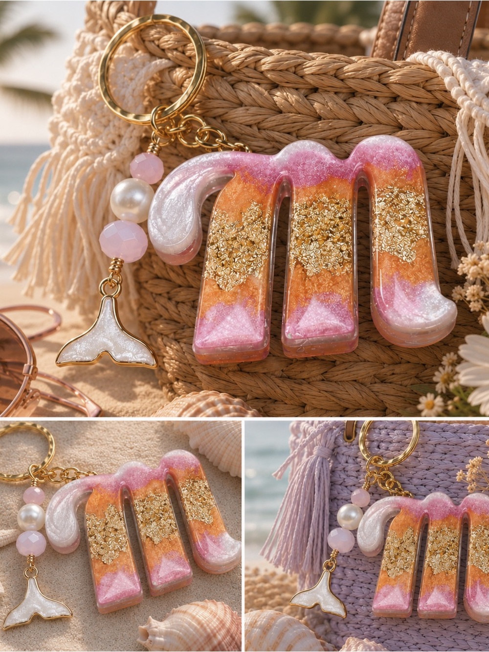 Artisan Orange, Cream and Pink Letter “M” Keychain with Mermaid Charm